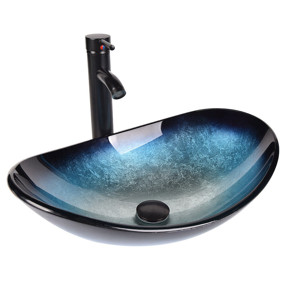 Waschbecken Glas Aufsatzwaschbecken Waschschale Waschtisch Oval Blau Bad Küche