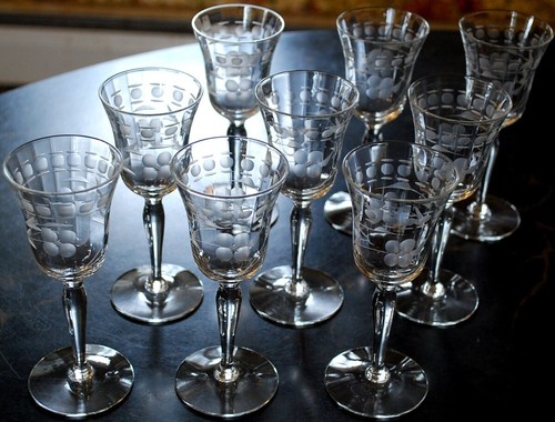 Antique Set 9 WINE/CORDIAL GLASSES Hand Cut DOTS & LINES W FLOWERS Optic Panel - Picture 12 of 24