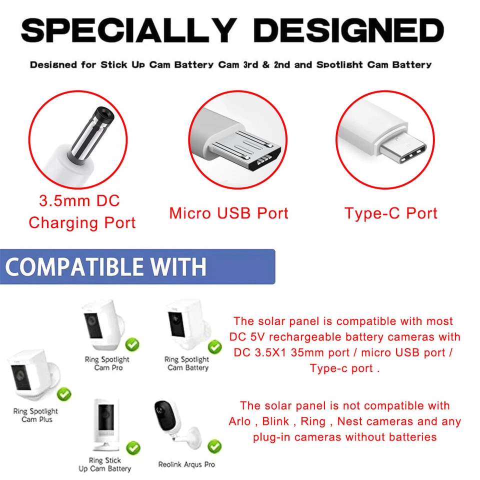 4W Solar Panel Charger for Ring Camera Spotlight & Stick Up Cam with 10ft Cable - Image 3 of 4