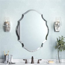 Scalloped Hanging Oblong Silver Wall Mirror for Entryway Bathroom Bedroom Deco