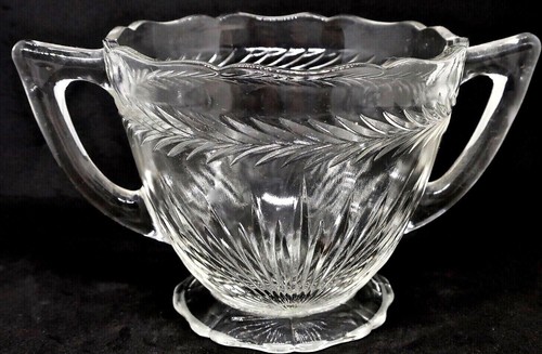 Vintage Jeanette Glass Company Clear Sunburst Herringbone 2 Handle Sugar Bowl