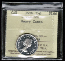 Canada  Silver 25 Cents 1956 - Certified ICCS PL-66 Heavy Cameo - Rare grade
