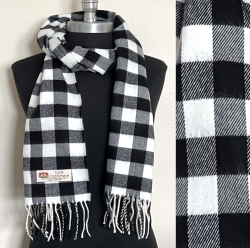 Men's 100% CASHMERE SCARF Wrap Made in England Check Plaid White / Black Soft - Picture 1 of 2
