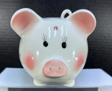 Piggy Bank Ceramic White Blushing Pink Polka Dots wStopper 4inT x 5inL x 4inW