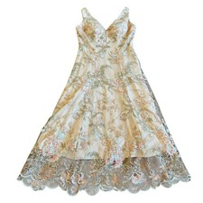 Hitherto BHLDN Eloizia Floral Embroidered Beige Dress Knee Length Size 4 Women's