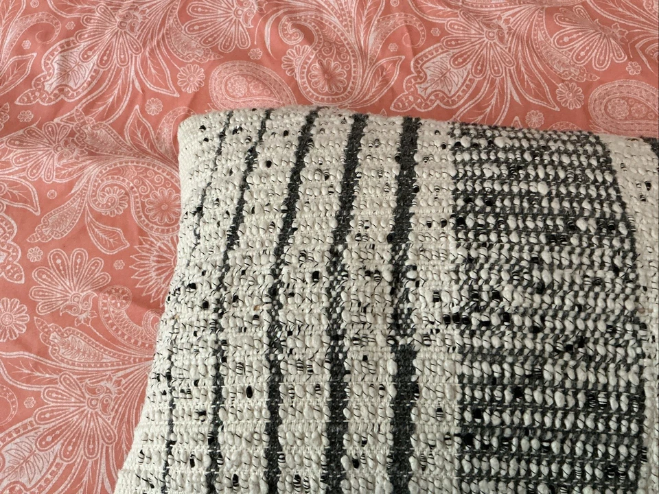 Pottery Barn pillow neutral Grey Black Stripe And Off White W Zipper Rectangle - Image 4 of 4