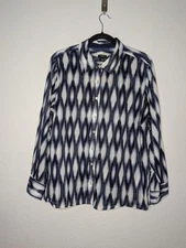 Talbots Petite Womens Navy Geometric Diamond Casual Button Down Shirt 2X 18 20