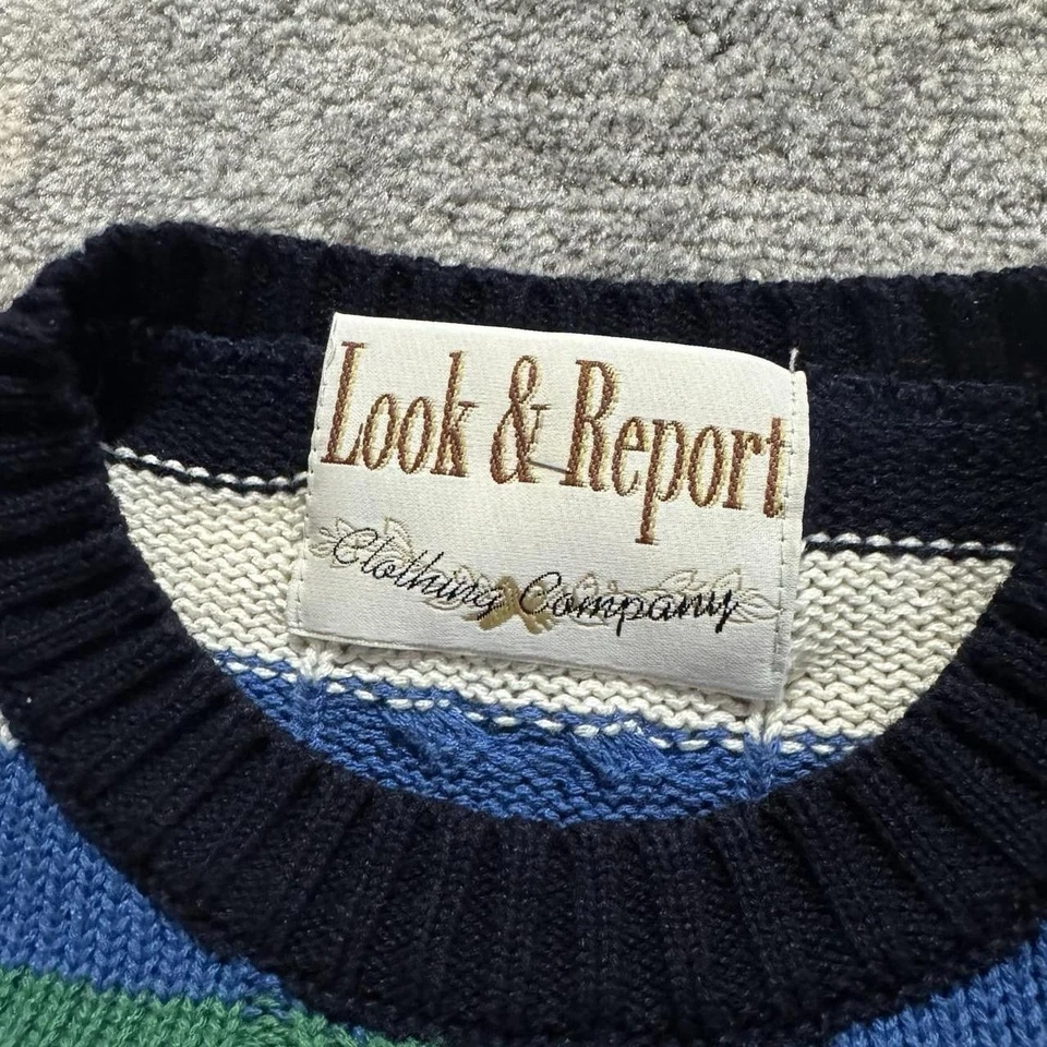 Vintage Look & Report Knit Sweater Large Striped Multicolor Heavy Cable Crewneck - Image 3 of 3