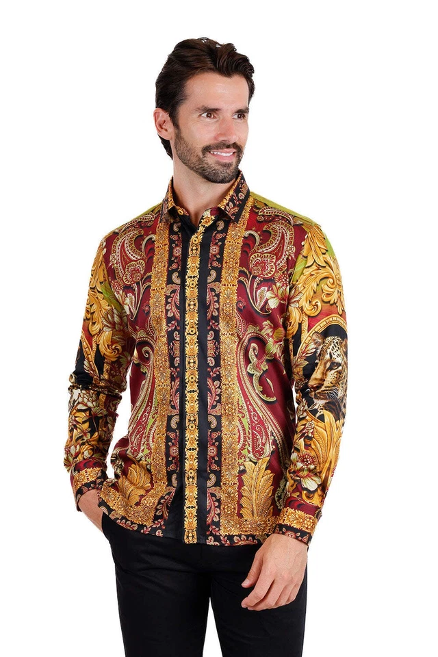 BARABAS Men's Rhinestone Leopard Baroque Long Sleeve Shirts 3SPR414 - Image 3 of 4