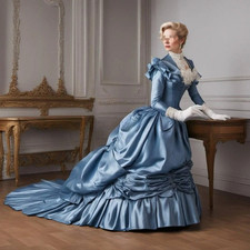 Vintage Historical Victorian Prom Dress Long Sleeves Satin Lace Applique Pleated