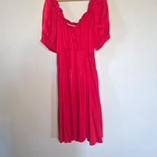 Womens Red Smocked Ruffle Scoop Neck Puff Short Sleeve Chiffon Midi Dress 4XL