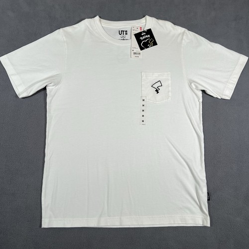 Uniqlo UT Pokemon T-Shirt Mens Medium White Pikachu Tail Embroidered Pocket Tee