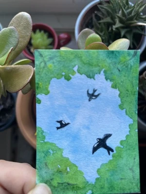 Original Watercolor ACEO: Birds Through the Trees | Nature Art by OnceAgainColor - Bild 1 von 4