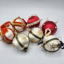 Lot Of 7 Vintage Beaded Sequin Satin Christmas Ornaments Push Pin Handmade