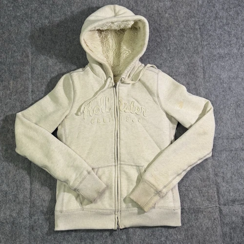 OFF WHITE Hollister felpa con cappuccio donna grande avorio foderata pelliccia sintetica tasca canguro zip intera