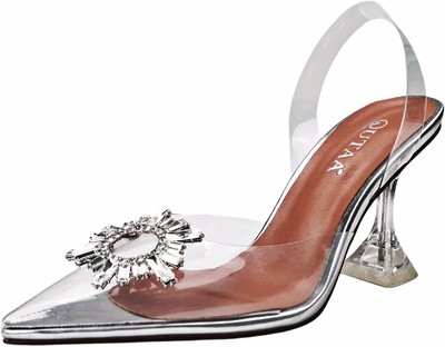 Women Clear Heels Shoes Pointed Toe Slingback High Heel Sandals 