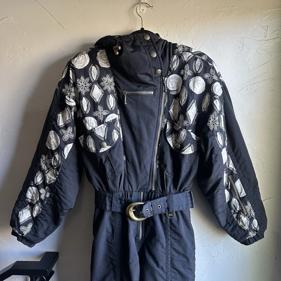 Женские винтажные Nils цельный лыж снега костюм размер 10 черный слоновой кости лыжная одежда розы - Изображение 3 из 4