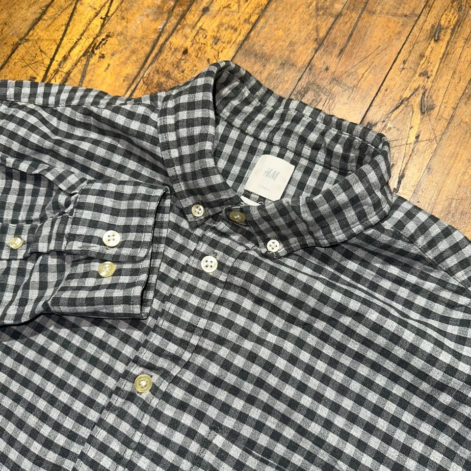 H&M Flannel Shirt Boys L White Black Check Regular Fit Long Sleeve Button Down - Image 3 of 4