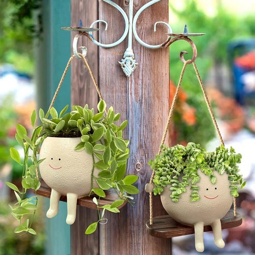 planter swing pot face hanging succulent flower pots garden resin cute head plan - Picture 5 of 7
