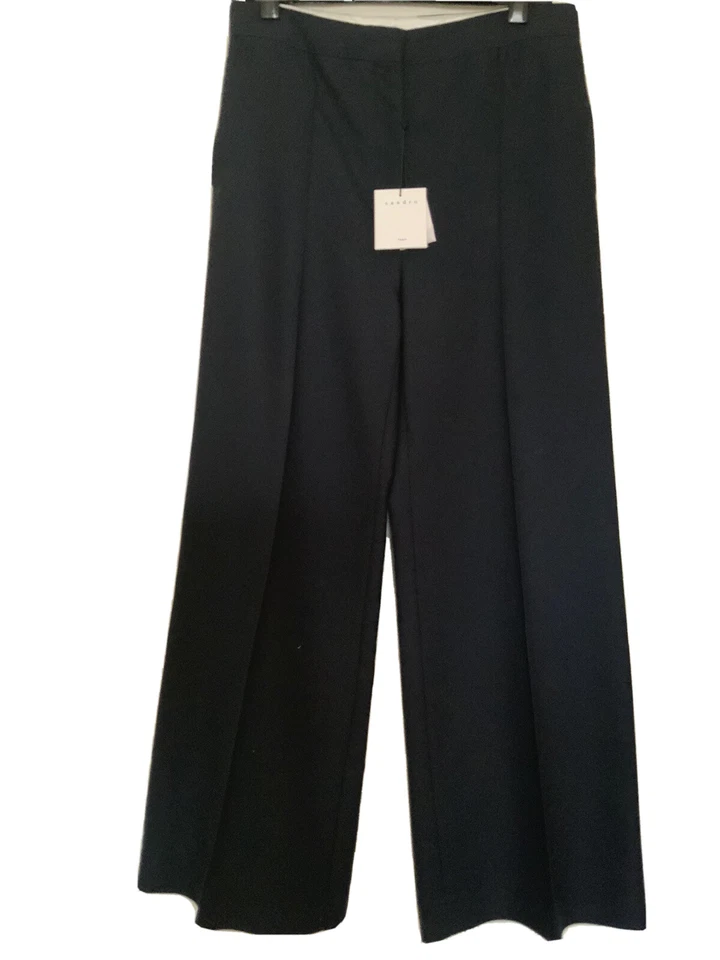Nuevo pantalón SANDRO Paris para mujer frente plano, pierna ancha sarga, talla 38, azul marino, auténtico.