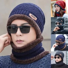 Men Women Winter Baggy Slouchy Knit Warm Beanie Hat Scarf Set Ski Snow Skull Cap