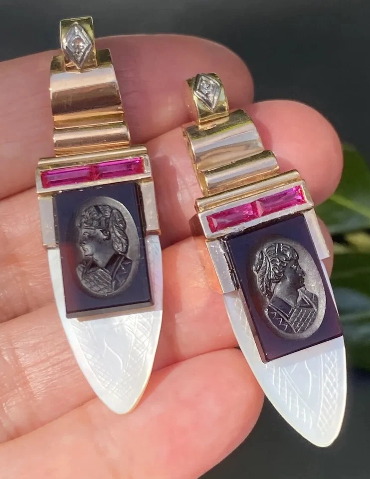 Vintage Diamond Earrings Pearl Cameo 18K Yellow Gold Ruby Estate Fine Jewelry - Image 2 of 4