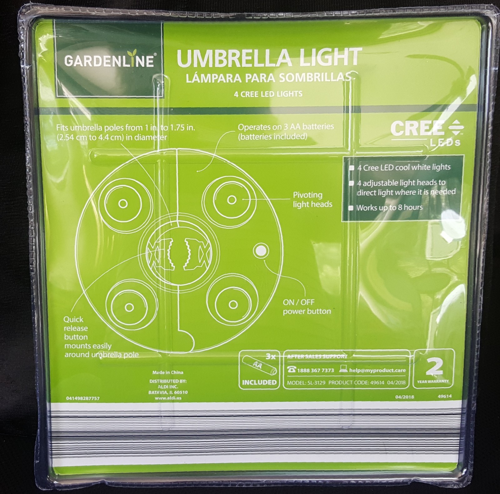 Gardenline Umbrella Light with 4 Cree LED Lights includes 3 AA
