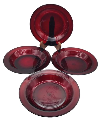 Vintage Arcoroc France 9 Inch Round Ruby Red Glass Salad Soup Bowls (4)