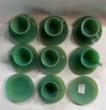 Antique AKRO Miniture Green Jadeite Ribbed Tea Cup and Saucer-Set of 7 -1920  s