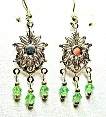 Green Peridot Bi-Cone Crystal Fancy Sunflower Pierced Earrings - NEW (#266)
