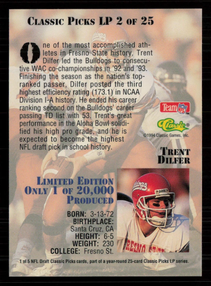 1994 Classic NFL Draft #LP2 Trent Dilfer Classic Picks Fresno State Bulldogs - Image 2 of 2