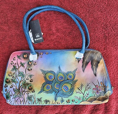 Biacci Handpainted Leather  Peacock Feathers Floral  Colorful Handbag Purse