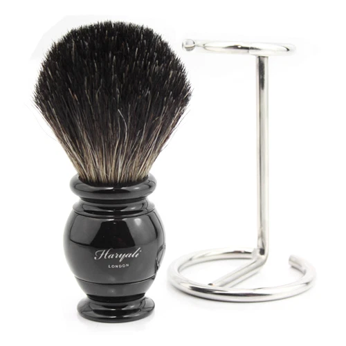 HARYALI LONDON Reiner schwarzer Dachshaar Rasierpinsel mit Edelstahlständer Geschenk Rasierset