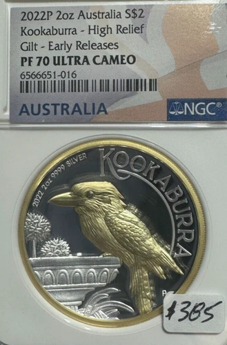 2022 P AUSTRALIA $2 KOOKABURRA HIGH RELIEF GILT 2 OZ 999 SILVER NGC PF70 UCAM