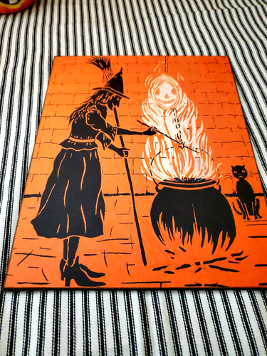 OLD RETRO VINTAGE MODERN CREPE PAPER LIKE STYLE HALLOWEEN WITCH SILHOUETTE SIGN - Picture 7 of 9