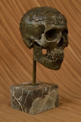 WOW! Outstanding Vintage French bronze Skull skeleton desk Top Marble Figurine