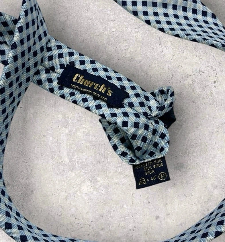 Gravata de seda CHURCH'S ITÁLIA azul marinho tartan W:3.7" em excelente estado usado - Imagem 3 de 4