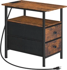 End Table with Charging Station, Narrow Side Table, Nightstand with 2 Non-Woven
