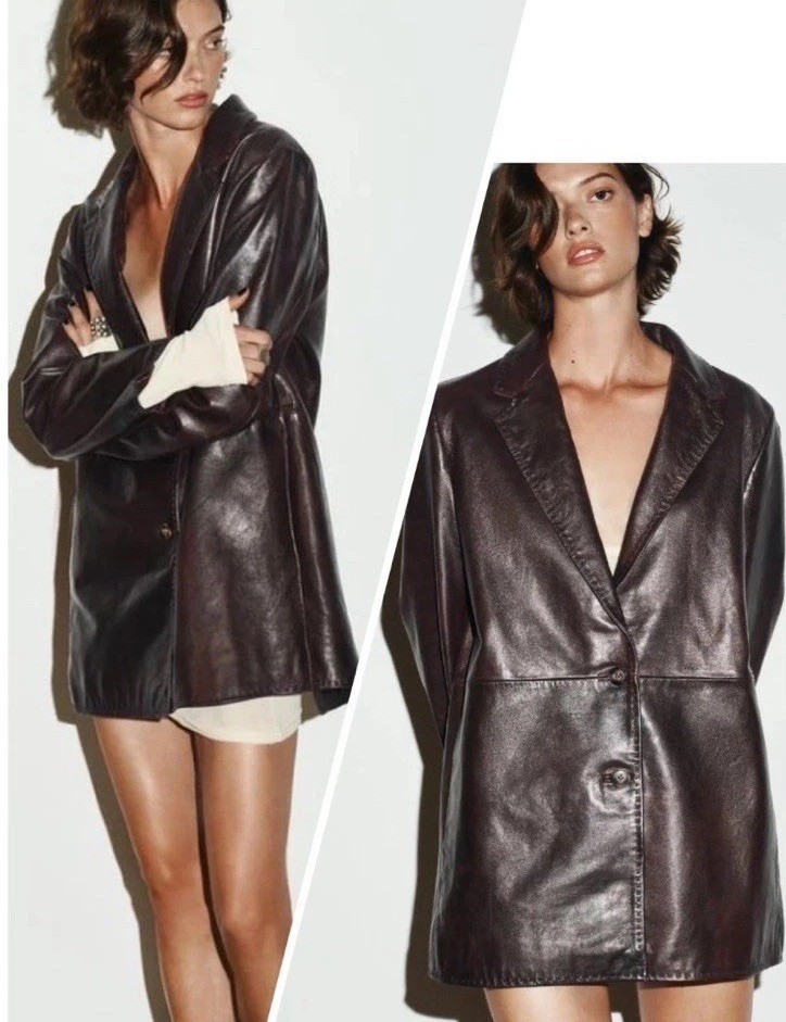 Zara 100% LEATHER TOPSTITCHING COAT BLAZER JACKET BURGUNDY size M 5601/799 £229