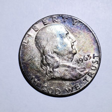 1963 50C Franklin Half Dollar Rainbow Toning 90% Silver!!