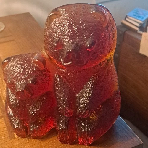 Blenko glass tangerine mom and baby bear bookend statue