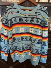 Aldi Gear Ugly Christmas Sweater Size Large Blue Striped Snowflakes