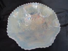 VINTAGE FENTON 3 FOOTED 9-1/2" BOWL HOLLY AND STAG WHITE OPALESCENT CARNIVAL
