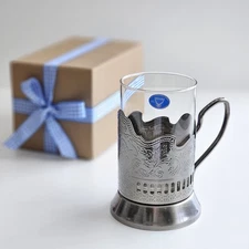 8.5oz Russian Tea Glass with Ornate Metal Holder Podstakannik – Gift Box 🎁