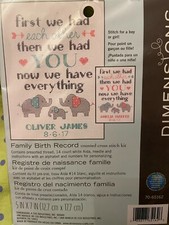 Dimensions Family Birth Record Elephants 5x7 Counted Cross Stitch 70-65162 NEW