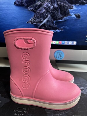 Crocs Kids Crocband Rain Boots Pink/White Sz Youth Easy On/Off Handles 