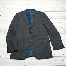 HUGO BOSS Blazer Size 38R Gray Blue Windowpane Check Wool Blend Double Vent