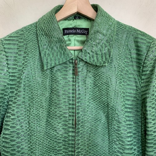 Pamela McCoy Jacket Apple Green Leather Snake Print Collared Pockets Lined Sz M - Picture 4 of 12