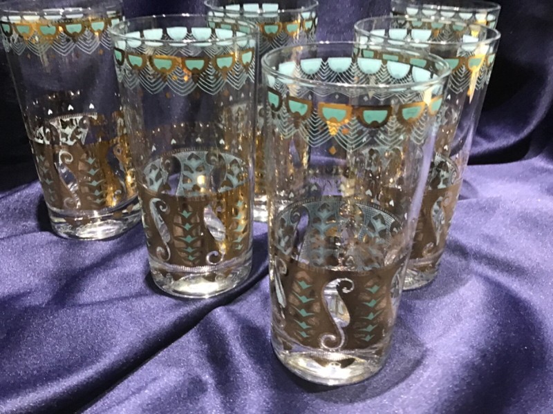6 CULVER SARATOGA hiball tumbler GLASSES turquoise 22 kt GOLD VINTAGE midcentury