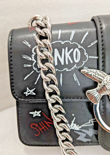 OE. PINKO Leather Flap Crossbody Bag Silver Studded Love Birds w/Chain Strap - Picture 4 of 19